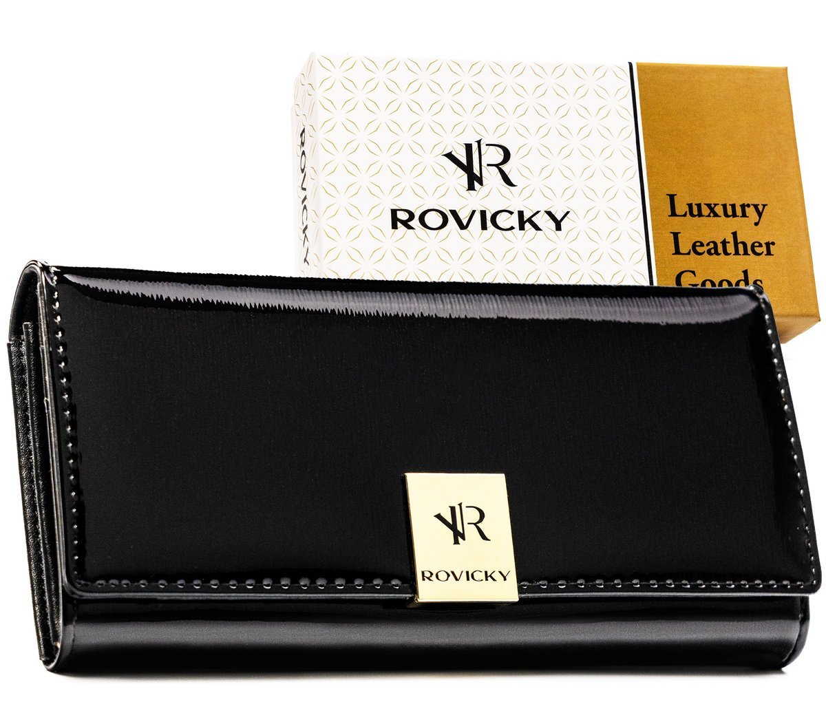 Lakierowany portfel damski ROVICKY skórzany duży na zatrzask rozbudowany na karty rfid stop czarny