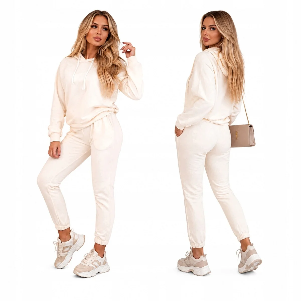 MODNY KOMPLET DAMSKI ECRU WYGODNY ZESTAW DRESOWY BLUZA Z KAPTUREM DRESY