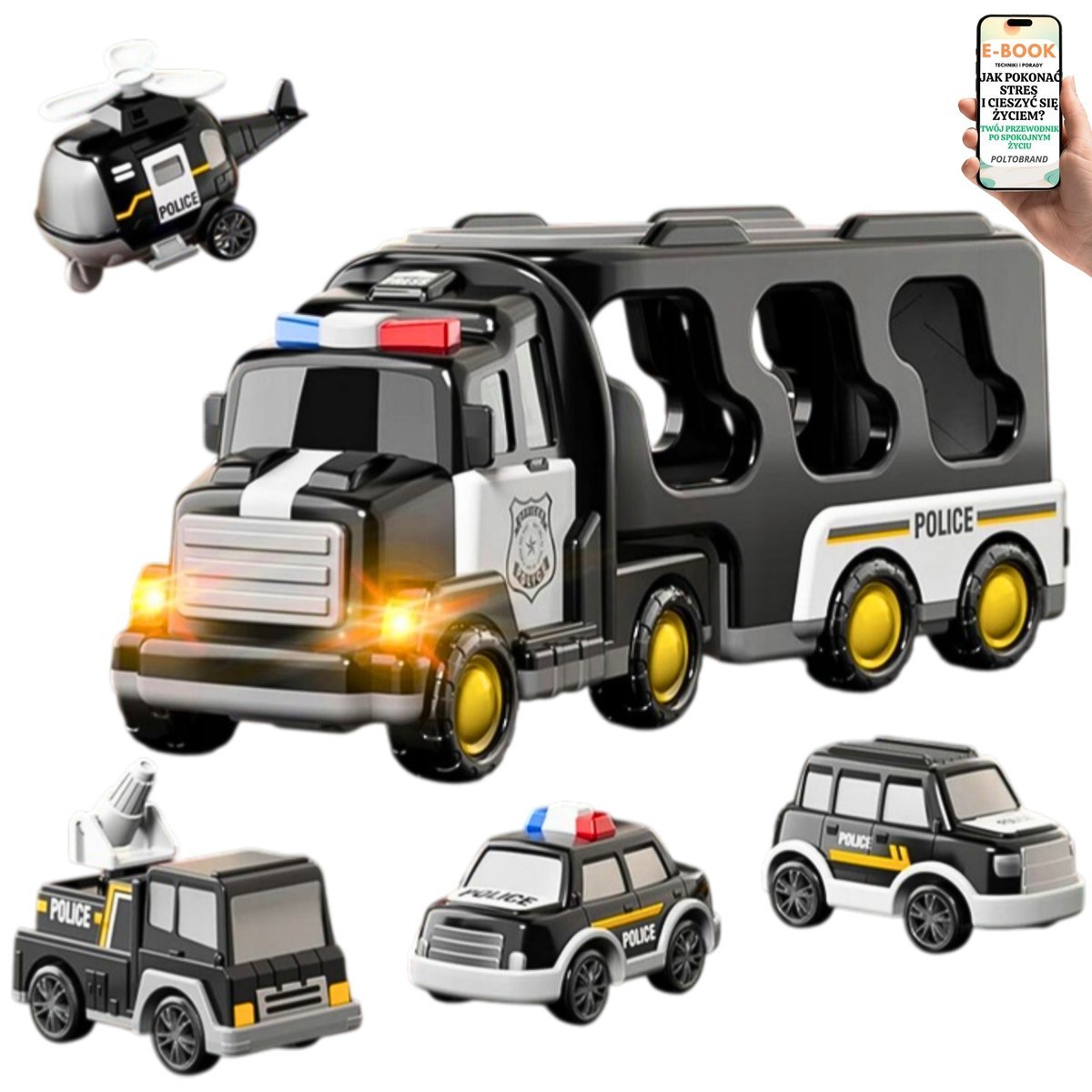 TIR POLICYJNY 5w1 Policja Autka Dla Dziecka Zestaw RATUNKOWY z autami, syreną i światłem – Prezent dla dzieci 3+ EBOOK-1