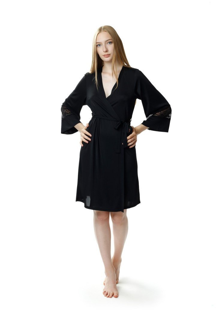 Piękny peniuar damski Paula wiązany długi rękaw : Kolor - Czarny, Rozmiar - 42