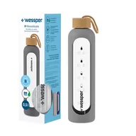 Butelki filtrujące - Wessper B1 Borosilicate 500 ml Szklana butelka na wodę z miarką motywacyjną z szarym etui - miniaturka - grafika 1