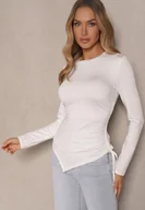 Bluzki damskie - Biała Bluzka Longsleeve z Wiskozą o Asymetrycznym Kroju ze Ściągaczem Zepilda - miniaturka - grafika 1