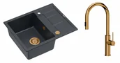 Zlewozmywaki z baterią - Quadron Unique Zlewozmywak granitowy jednokomorowy 62*50*22 cm z ociekaczem MORGAN 116 BLACK DIAMOND z syfonem Push-2-Open w kolorze miedzianym z baterią JENNIFER Q LINE SLIM z wyciąganą wylewką i funkcją prysznica kolor miedziany - miniaturka - grafika 1