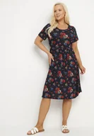 Sukienki - Granatowo-Czerwona Rozkloszowana Sukienka w Kwiatowy Wzór Lumilisse - miniaturka - grafika 1