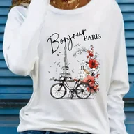 Bluzki damskie - TEMU Damska koszulka z długim rękawem z nadrukiem Paryża - Żywy wzór Wieży Eiffla i kwiatowego roweru, miękka, oddychająca tkanina, luźny krój, - miniaturka - grafika 1
