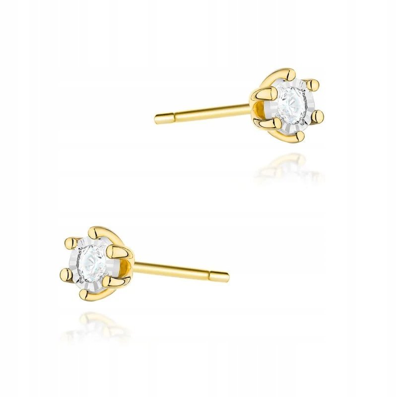 damskie złote kolczyki 585 delikatne diamenty w koszyczku 14K prezent 1.36g