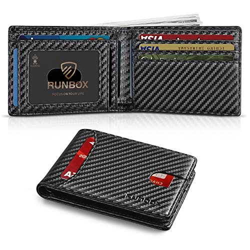 RUNBOX Portfel męski Slim 11 przegródek na karty kredytowe, skóra blokująca RFID, mały, cienki, męski, minimalistyczna kieszeń przednia, duża pojemność, pudełko prezentowe, 0 Carbon Black, mały