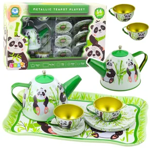 Zestaw Do Herbaty Metalowy Dzbanek Filiżanka Talerzyki Panda Zielony 14el LEAN Toys - Zabawki AGD - miniaturka - grafika 1