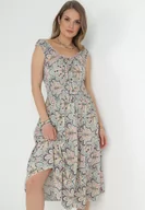 Sukienki - Miętowo-Różowa Rozkloszowana Sukienka Midi na Szerokich Ramiączkach z Gumkami w Pasie Anelanie - miniaturka - grafika 1