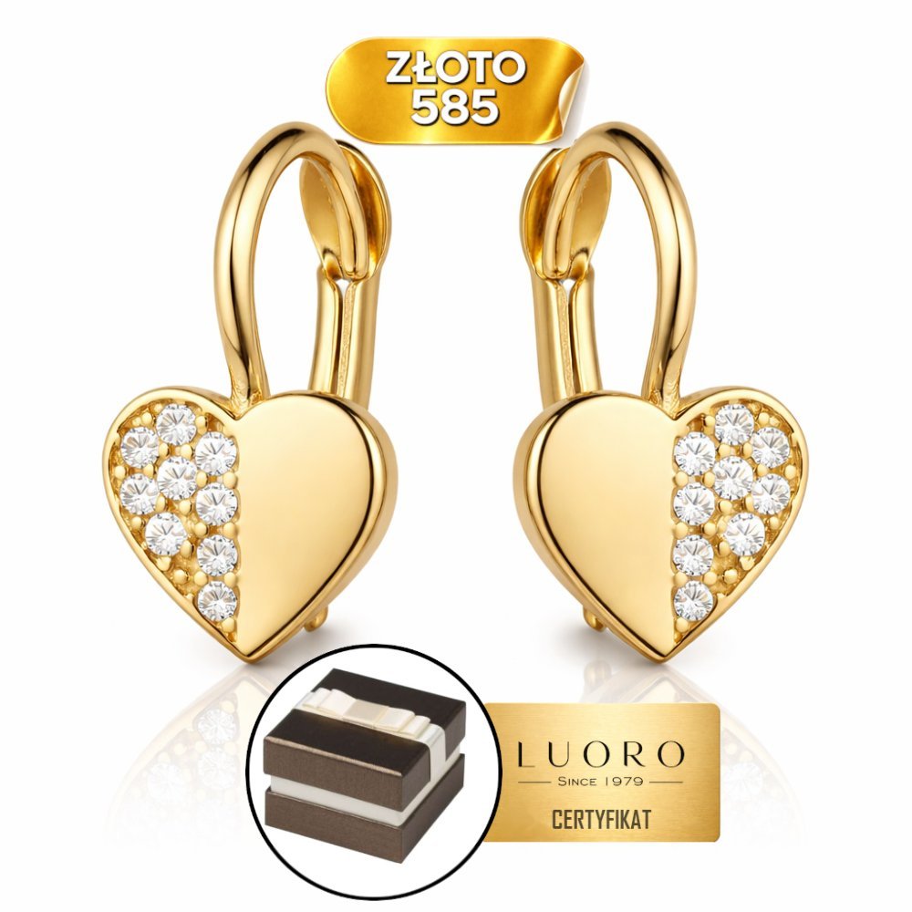 KOLCZYKI ZŁOTE 585 14K SERCA Z CYRKONIĄ 12 MM ANGLIELSKIE ZAPIĘCIE