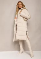 Kurtki damskie - Beżowa Pikowana Długa Kurtka z Kapturem i Napami Tisima - miniaturka - grafika 1