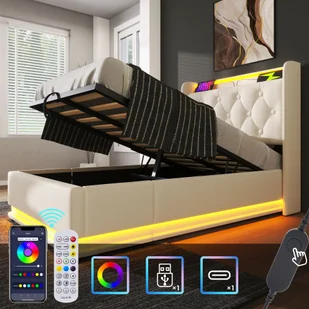 Łóżko tapicerowane Flieks 90x200cm z funkcją ładowania (USB&Typ-c), łóżko młodzieżowe, łóżko jednoosobowe, schowek na pościel z LED, łóżko na sprężynach hydraulicznych, PU, białe - Pościel - miniaturka - grafika 1