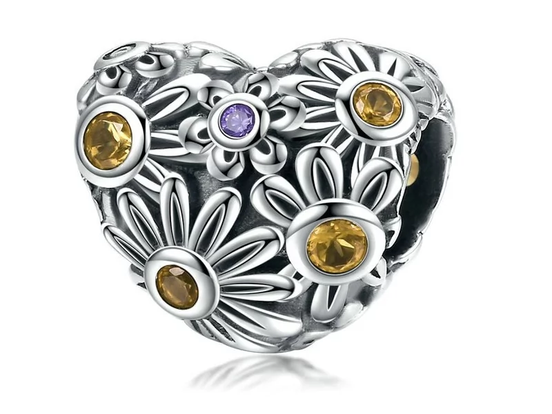 Pandora Valerio.pl Rodowany srebrny charms serce heart kwiatki flowers cyrkonie srebro 925 BEAD150 BEAD150