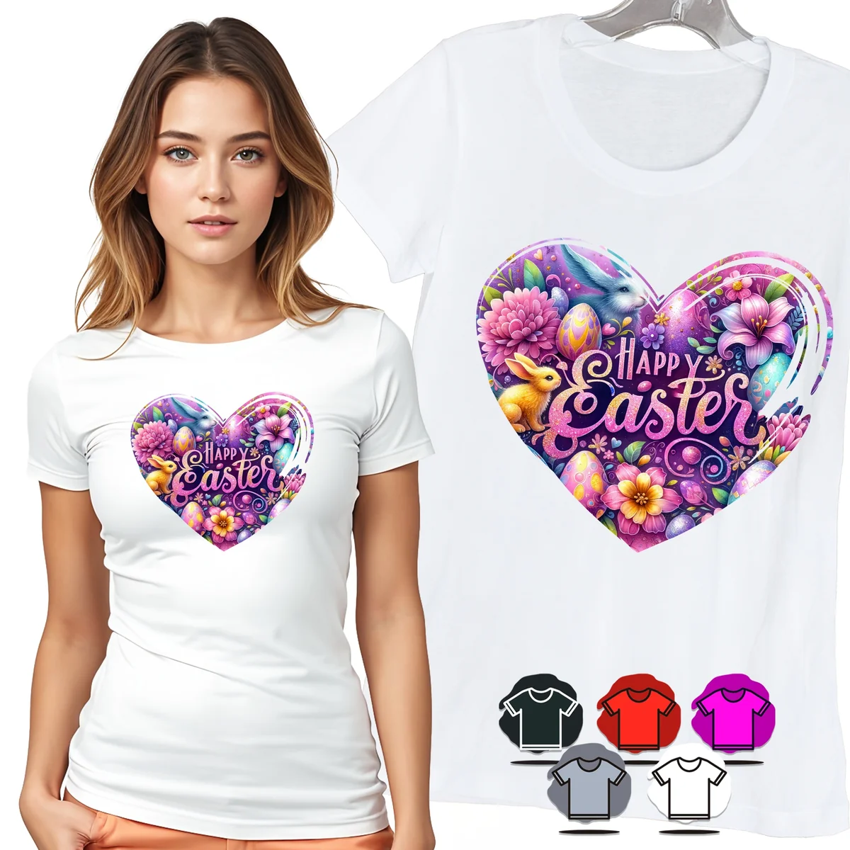 KOSZULKA DAMSKA T-SHIRT - HAPPY EASTER SERCE KRÓLIK PISANKI KWIATY - S