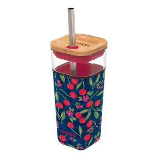 Quokka Liquid Cube - Kubek szklany 540 ml ze słomką ze stali nierdzewnej (Cherries) - Shakery i bidony sportowe - miniaturka - grafika 1