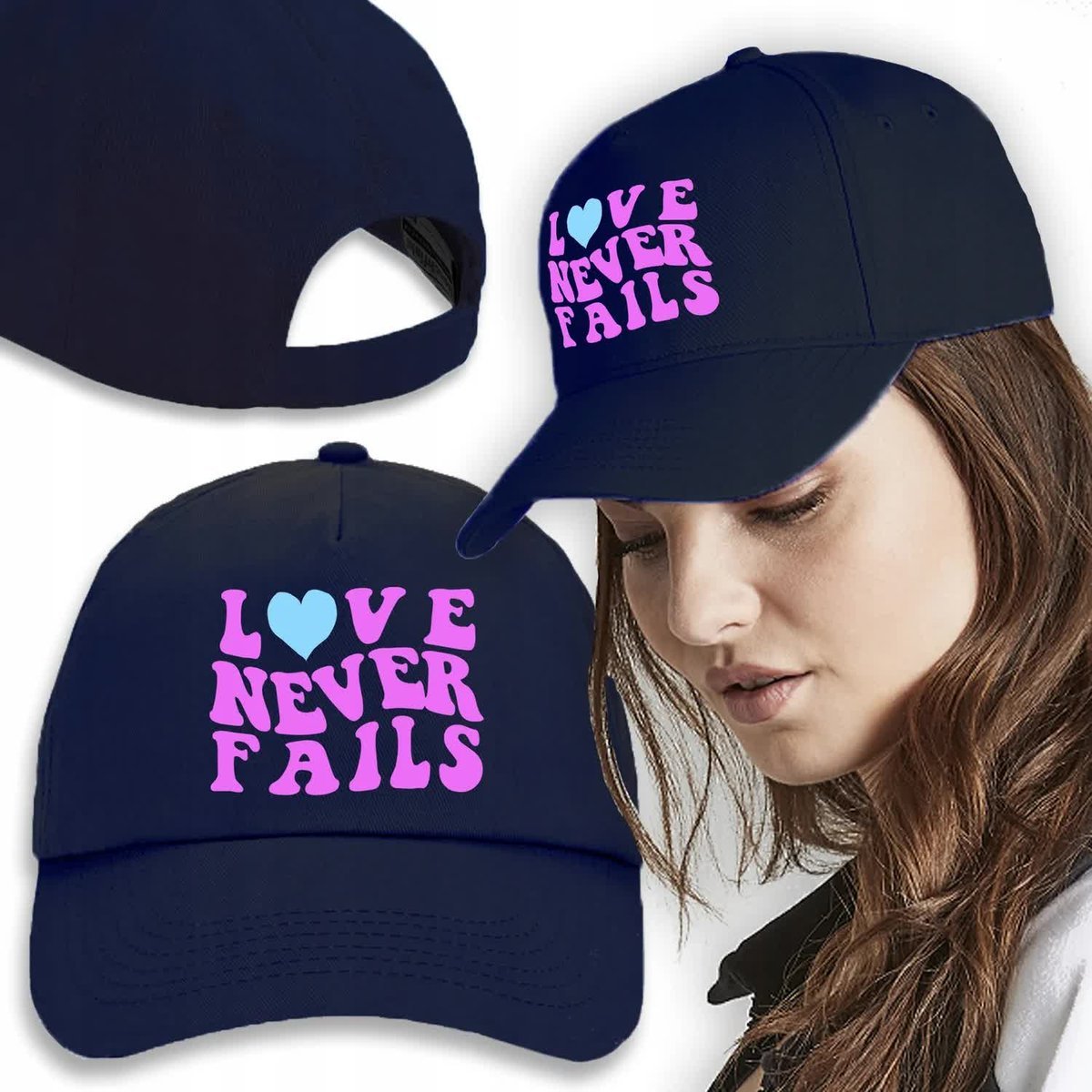 Czapka Daszek Granat Prezent LOVE NEVER FAILS Wz