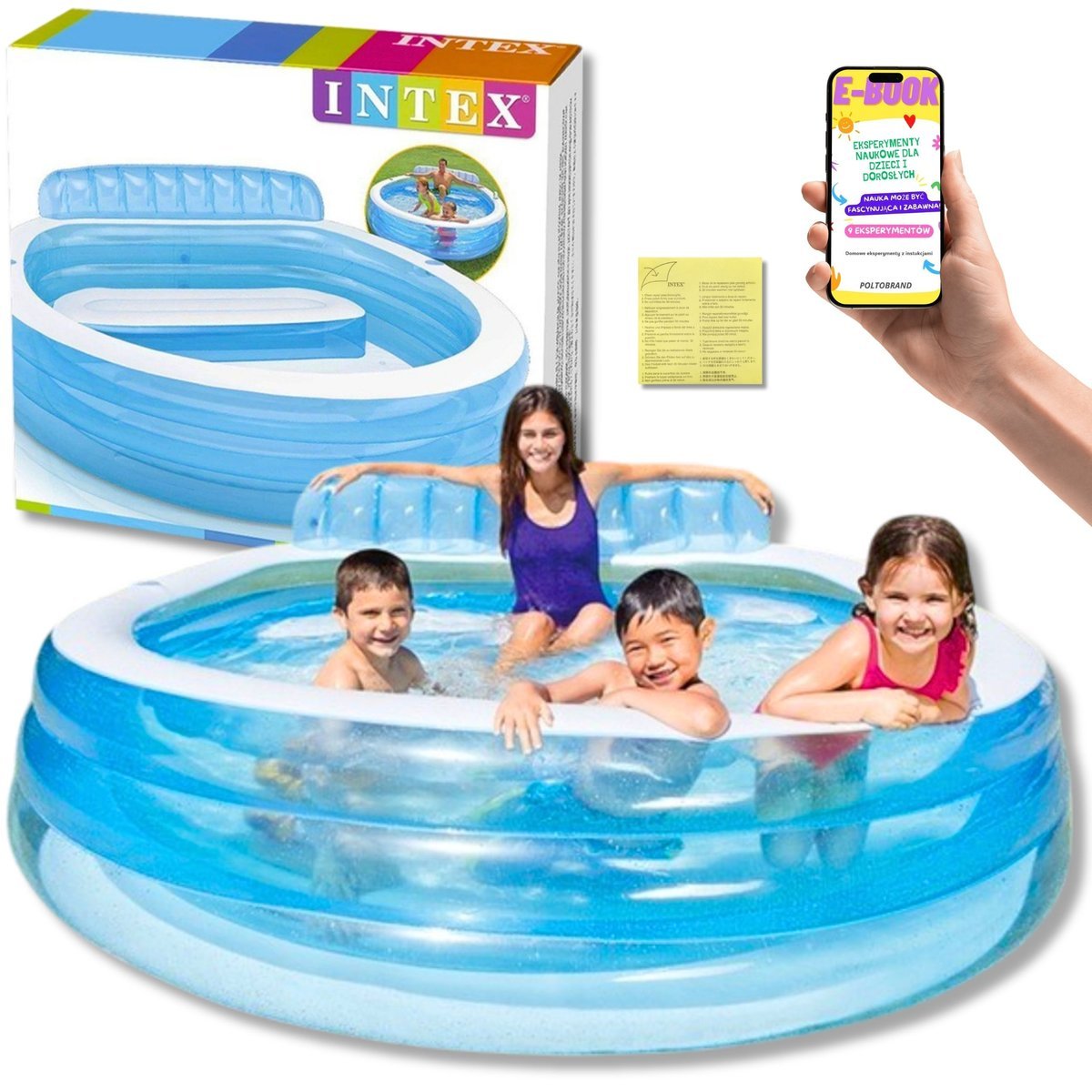 BASEN OGRODOWY INTEX Z DMUCHANĄ SOFĄ I UCHWYTAMI NA NAPOJE – MUST-HAVE NA UPAŁY + EBOOK