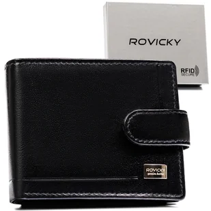 Elegancki czarny portfel męski na zatrzask ROVICKY skóra naturalna mały czarny na karty na prezent ochrona RFID - Portfele - miniaturka - grafika 1