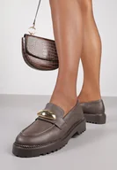 Mokasyny damskie - Brązowe Mokasyny Vices z Wkładką ze Skóry Naturalnej z Metaliczną Aplikacją Fergia - miniaturka - grafika 1