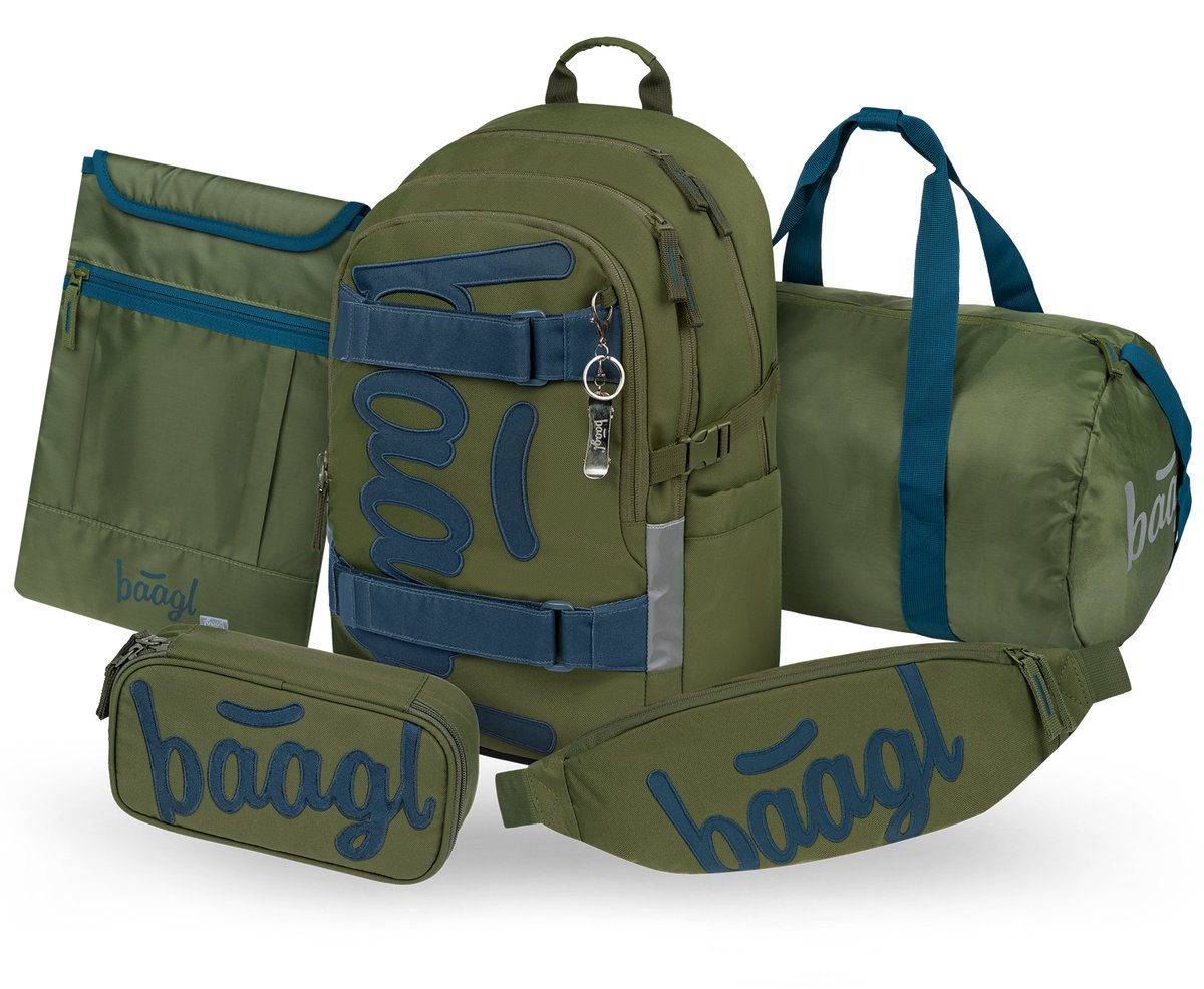 BAAGL Zestaw Szkolny 5w1 Plecak Ergonomiczny Skate Olive Oliwny + Piórnik + Torba + Nerka + Etui na laptopa