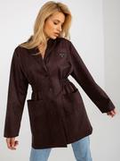 Płaszcze damskie - Płaszcz ciemny brązowy elegancki przejściowy rękaw długi długość krótka kieszenie guziki - miniaturka - grafika 1