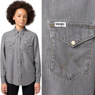 Koszule damskie - Wrangler REGULAR SHIRT Oyster Grey DżINS SZARA DAMSKA KOSZULA JEANSOWA M - miniaturka - grafika 1
