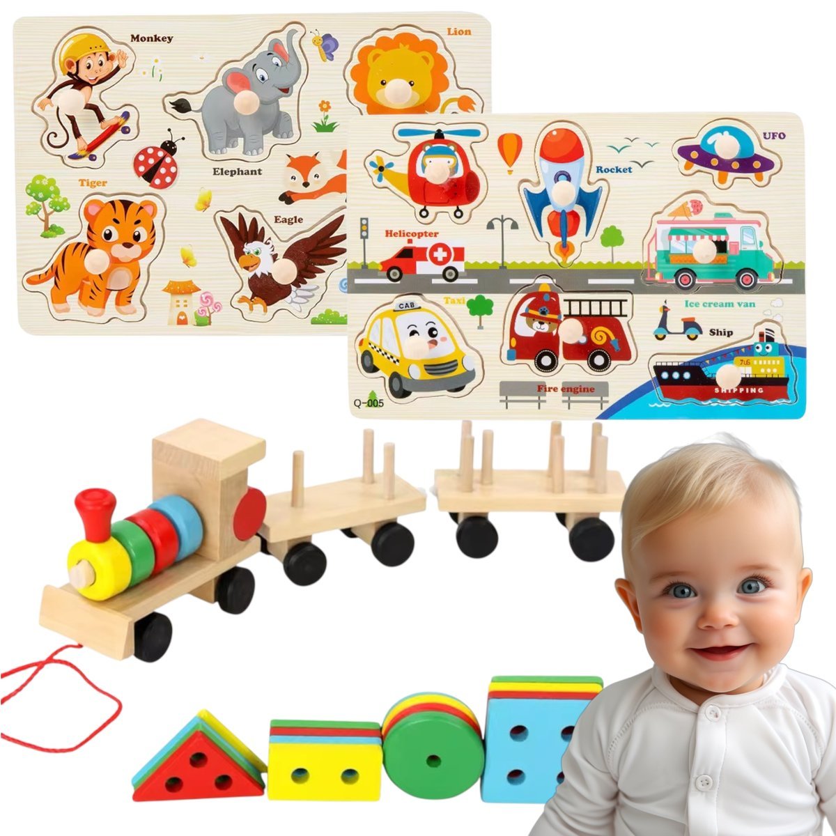 ZESTAW UKŁADANKI I POCIĄG DREWNIANE PUZZLE SORTER MONTESSORI NA PREZENT