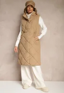 Kamizelki damskie - Ciemnobeżowa Długa Kamizelka z Pikowanymi Przeszyciami ze Stójką i Kieszeniami Avalithe - miniaturka - grafika 1