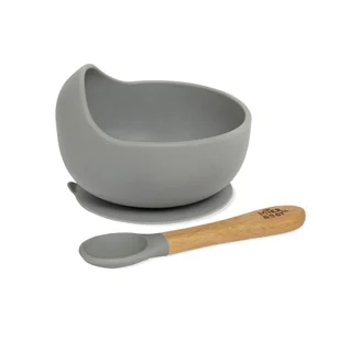 Miska z przyssawką + łyżka antyalergiczna szara do nauki jedzenia - Miseczki i talerzyki dla dzieci - miniaturka - grafika 1