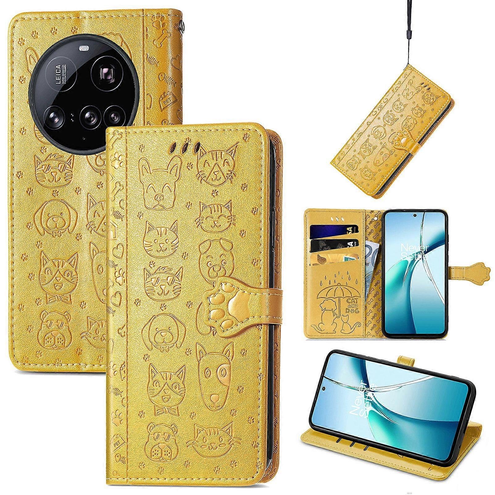 Do Xiaomi 15 Ultra skórzane etui z portfelem z klapką na telefon z uroczym wzorem kota psa Żółty