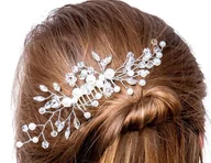 Ozdoby do włosów - Srebrny grzebyk do włosów, Ozdoba, Perełki, Kryształy - miniaturka - grafika 1