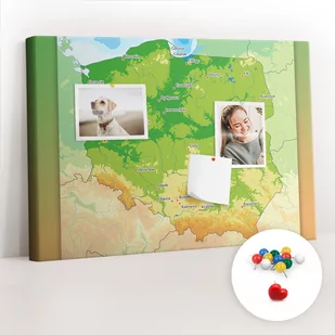 Szkolna Tablica korkowa 60x40 cm, Kolorowe Pinezki, wzór Mapa fizyczna Polski - Tablice i flipcharty - miniaturka - grafika 1