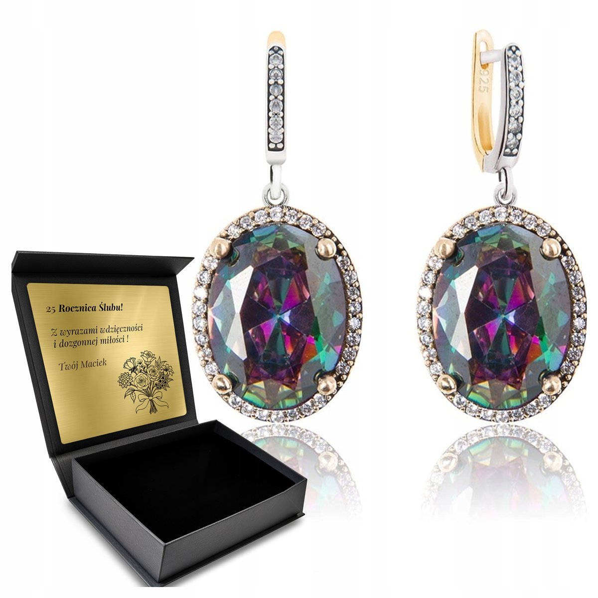 Kolczyki Srebrne 925 Z Cyrkoniami I Topazem Biżuteria Dla Kobiety + Grawer