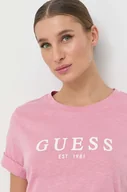 Koszulki sportowe damskie - Guess t-shirt bawełniany kolor różowy - miniaturka - grafika 1