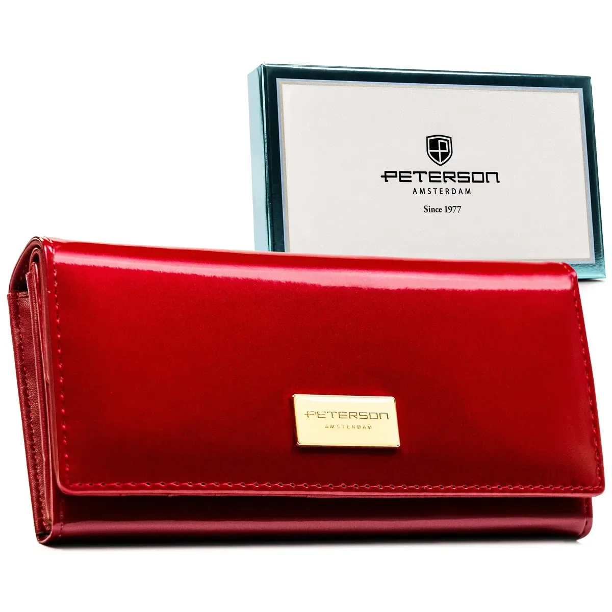 Elegancki portfel skórzany damski RFID gładki czerwony duży Peterson skóra naturalna kobieta