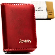 Portfele - Mały portfel damski na suwak skórzany czerwony ROVICKY rfid elegancki lakierowany na karty - miniaturka - grafika 1