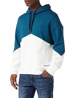 Bluzy męskie - Armani Exchange Męska bluza z kapturem Color Block, przednie kieszenie, niebieski i biały, L - grafika 1