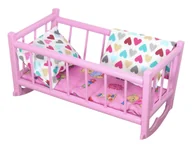 Domki dla lalek - KOŁYSKA RETRO drewniana łóżeczko różowe dla lalek pościel w duże serca - miniaturka - grafika 1
