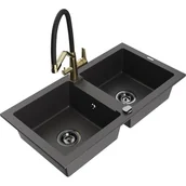 Zlewozmywaki z baterią - Mexen Mario zlewozmywak granitowy 2-komorowy z baterią kuchenną Duo, czarny nakrapiany - miniaturka - grafika 1