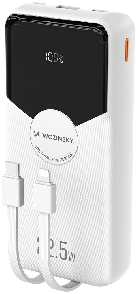 Wozinsky Powerbank WFC-15W 20000mAh 22,5W PD20W z wbudowanymi kablami Lightning i USB-C - biały 5907769388064