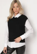 Kamizelki damskie - Czarna Prążkowana Kamizelka z Wełną w Stylu Sweterka Sintille - miniaturka - grafika 1