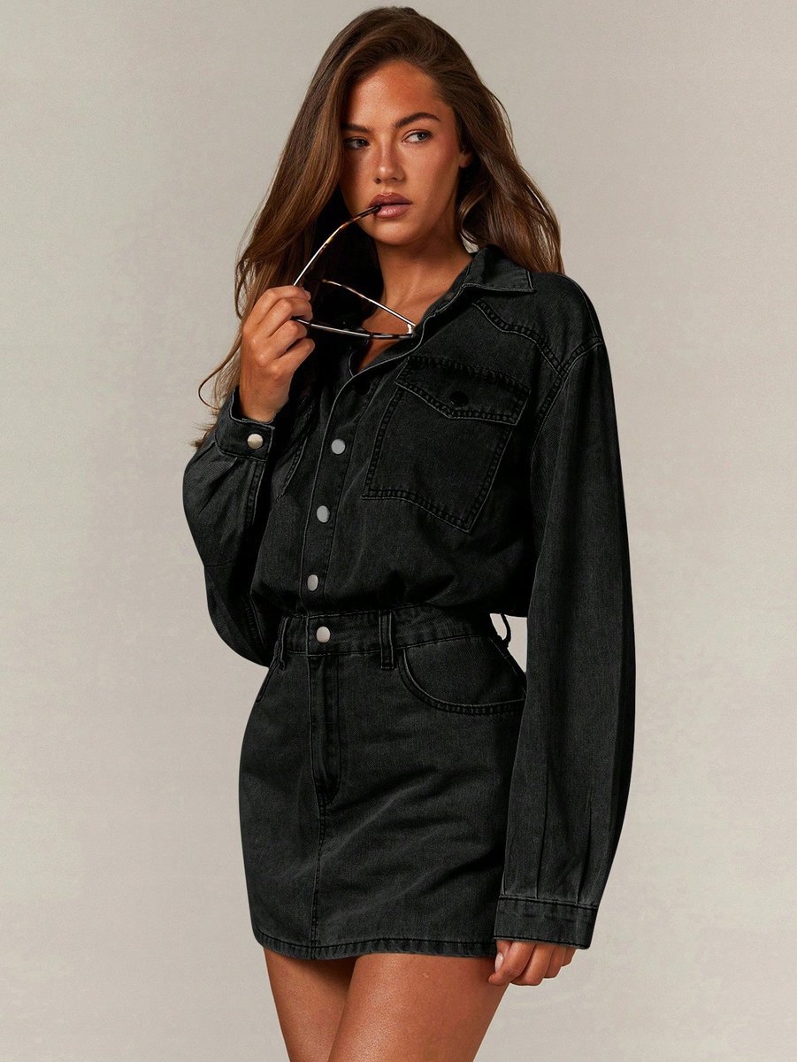 SHEIN CZARNA KRÓTKA SUKIENKA JEANSOWA Z KOŁNIERZYKIEM I GUZIKAMI 40/42 11KA