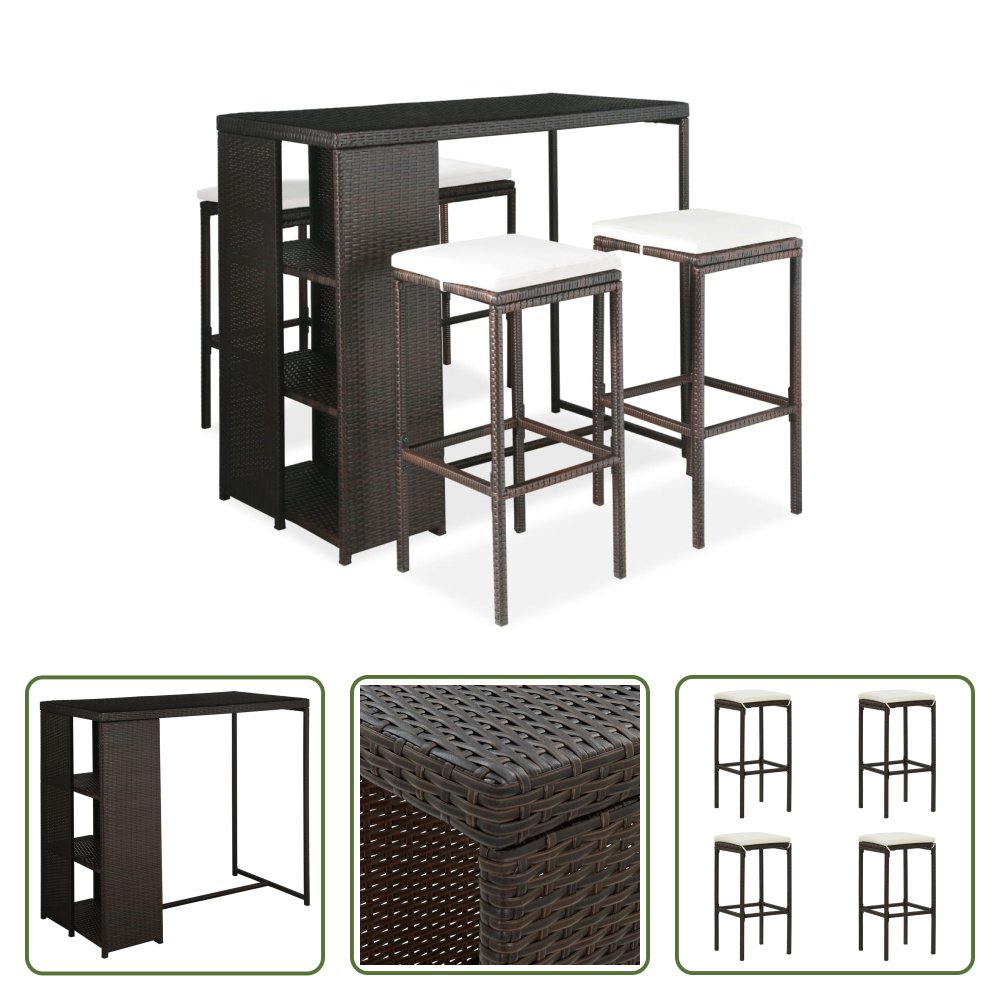 The Living Store 5-częściowy ogrodowy zestaw barowy z poduszkami z polirattanu brązowy