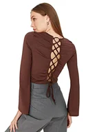 Bluzki damskie - Trendyol Damska dopasowana podstawowa bluzka z okrągłym dekoltem, Brązowy, M - miniaturka - grafika 1