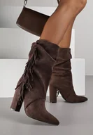 Botki damskie - Brązowe Botki w Stylu Kowbojek na Obcasie Ozdobione Frędzlami Reitania - miniaturka - grafika 1