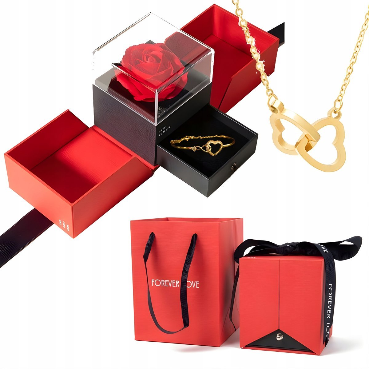 Komplet biżuterii w pudełku prezentowym - naszyjnik, bransoletka, róża