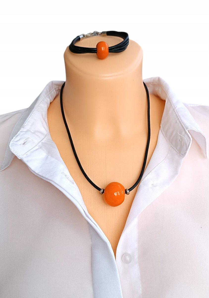 Komplet naszyjnik bransoletka ceramika kula pomarańczowa rzemień 50cm