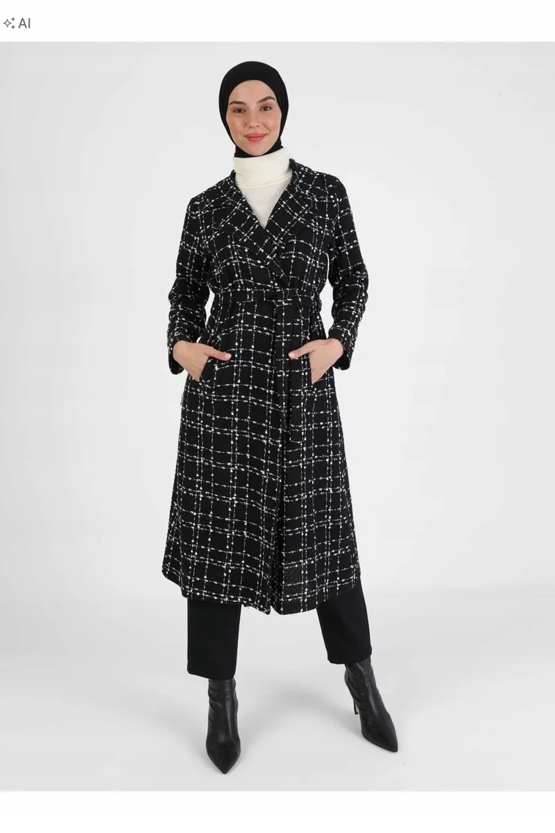 ELEGANCKI PŁASZCZ DAMSKI W KRATĘ Z PASKIEM 46 5IA