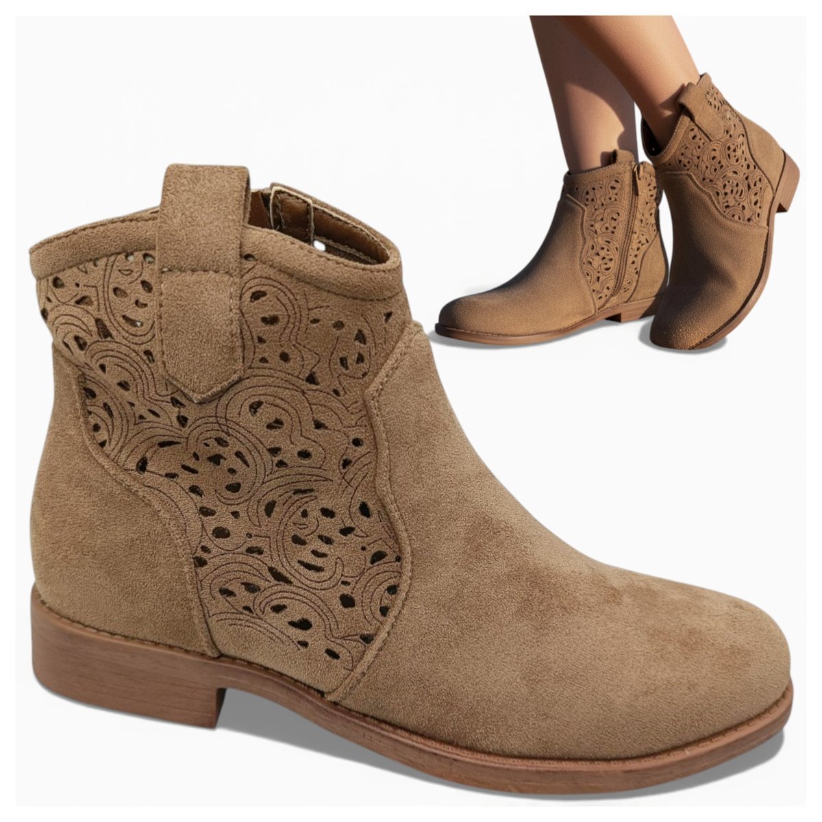 Kowbojki Damskie na Obcasie Botki Ażurowe Modne Zamszowe Wiosenne Barski 40