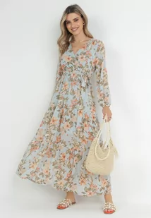 Miętowa Rozkloszowana Sukienka w Kwiaty Maxi z Gumką i Wiązaniem w Pasie Manirisa - Sukienki - miniaturka - grafika 1
